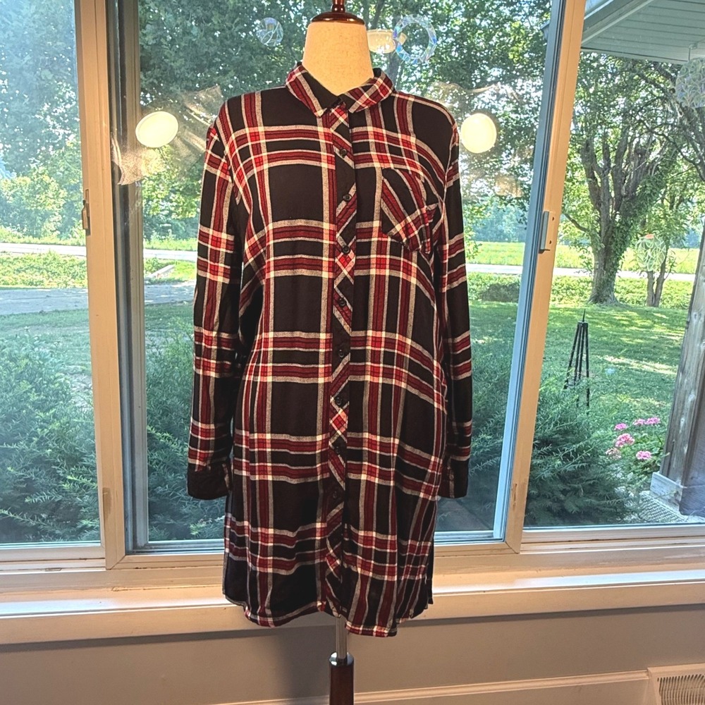 BLL nyc Red Navy Plaid Button Down Roll Tab Sleeve Shirt Dress XL Grunge 90s